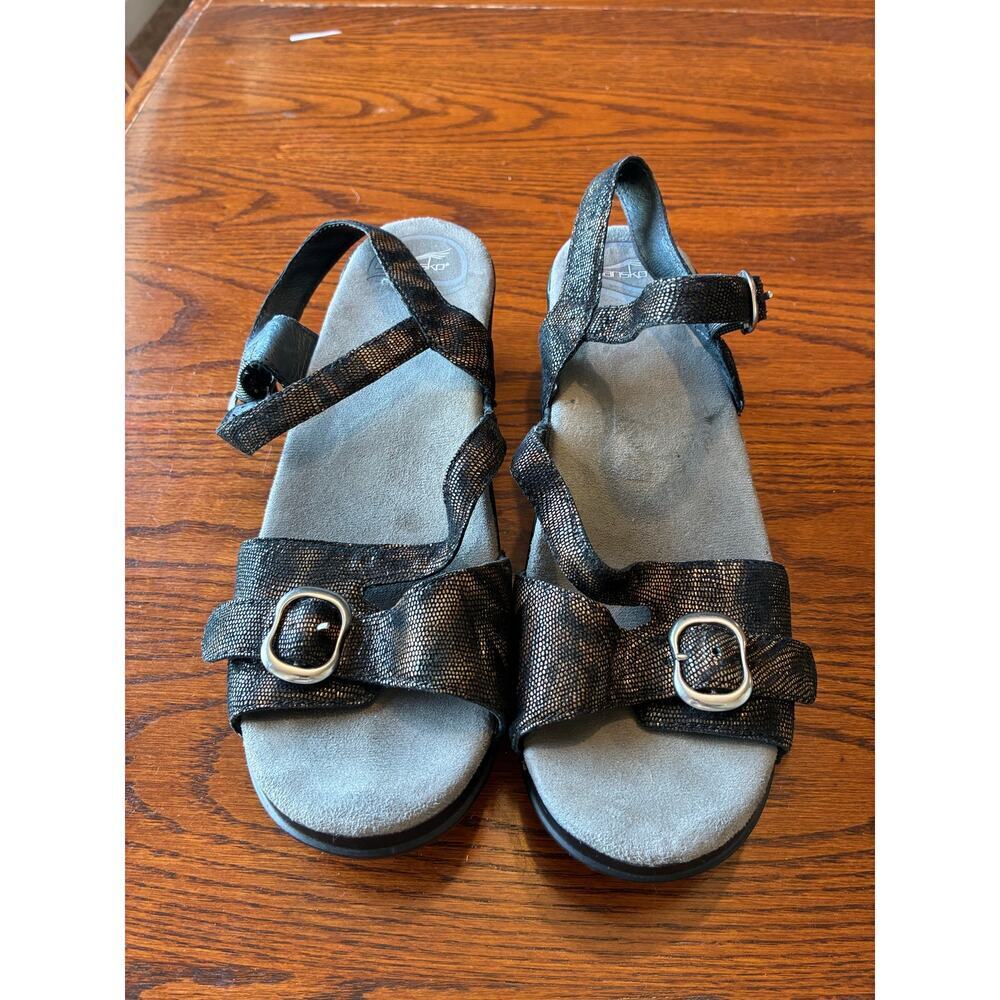 Dansko Sophie Sandals Women's 39 Bronze Black Snake Metallic Wedge Size 9